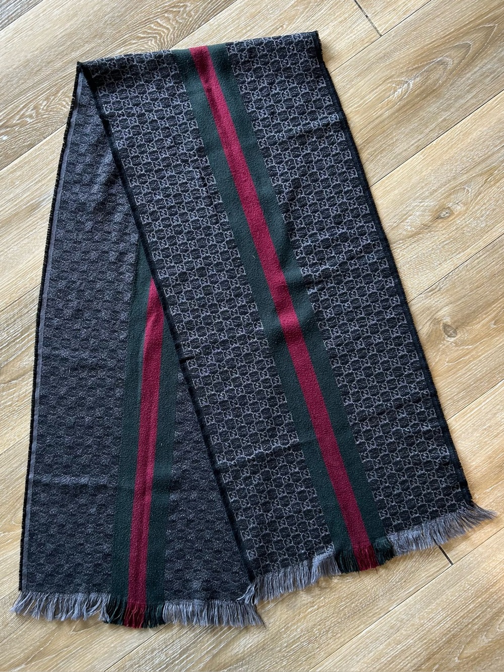 Gucci Wool Silk GG Monogram Web Verbier Fringe Scarf Black